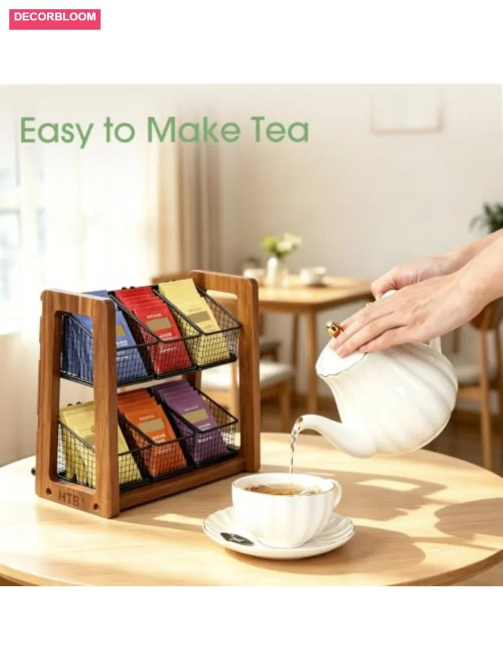 2 Tier Tea Bag Organizer with 6 Removable Baskets Acacia Wood Iron